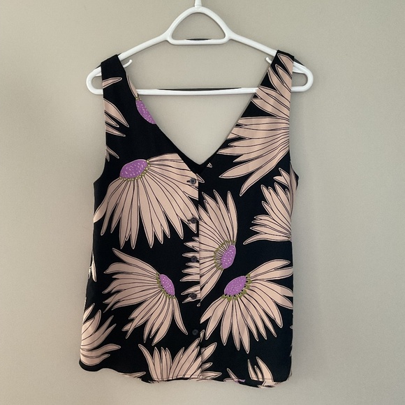 KATE Spade Falling Flower Top Sleeveless Black Cream Purple Floral Women's Med - Picture 2 of 3